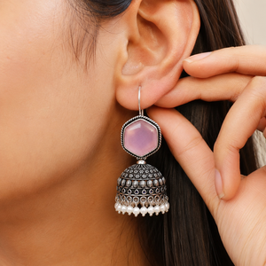 OEM ODM Oxidized <b>Silver</b> Pink Stone Jhumka <b>Earrings</b> Indian Ethnic Jewelry Manufacturer Exporter - Product Image 6