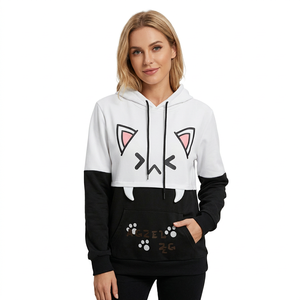 Sweat à capuche pour femme avec motif de chat de dessin animé, noir et blanc, manches régulières, vêtements d'hiver, coton + polyester, respirant, avec poches - Product Image 1