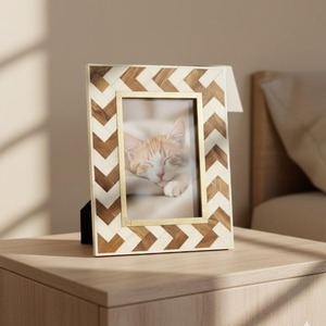 Rectangular Wood <b>Photo</b> <b>Frame</b> With <b>Black</b> And Cream Striped Inlay Classic Wall Decor Vertical Orientation - Product Image 2