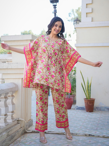 Ensemble coordonné kaftan vintage rose à imprimé floral pour femme, haut en coton à col en V et manches kimono, pantalon confortable pour le quotidien - Product Image 6