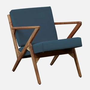 Fauteuil en bois de style mid-century modern avec dossier solide et revêtement bleu, chaise de salon au design ergonomique - Product Image 1