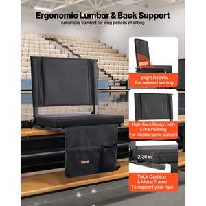 Black Stadium Seat Folding Bleacher <b>Chair</b> with Thick Cushion <b>Back</b> <b>Support</b> Shoulder Strap Hooks Cup Holder Side Pocket - Product Image 2