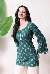 <b>Women's</b> Floral Printed Cotton Short <b>Kurta</b> | Floral Printed <b>Kurta</b> with Bell Sleeves | Short Kurti for <b>Women</b> - Product Image 3