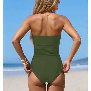 Nouveau Maillot de Bain Femme 2026 – Une Pièce Bandeau Vert Uni Écologique, Coupe Haute, Froncé et Extensible - Product Image 2