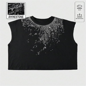 Men's Sleeveless <b>Rhinestone</b> <b>Crop</b> <b>Top</b> O-Neck Jersey Knitted Casual Dot Pattern Breathable 100% Cotton Black Custom Front - Product Image 1