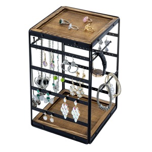 Wood Jewelry Organizer Stand with Tray for Earrings Necklaces Rings Bracelets and <b>Watches</b> - Product Image 1