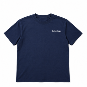 เสื้อยืดคอกลมแขนสั้นสีน้ำเงินล้วนสำหรับผู้ชายพร้อมโลโก้แบบกำหนดเอง - Product Image 1