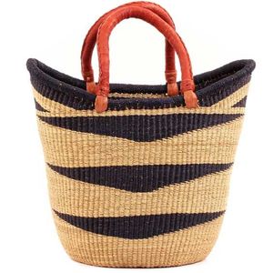 Minimalist Black Striped Seagrass Handbags <b>Red</b> <b>Leather</b> Handle Woven Straw Tote Bag Fashion Women Summer Beach <b>Purse</b> OEM ODM - Product Image 1