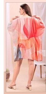 ANY Digital Printed Feather Polysilk Middle Eastern Loose Fit <b>Kaftan</b> <b>Summer</b> Casual Women's Maxi Short Sleeve - Product Image 2