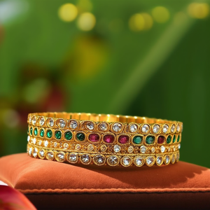Antique Kemp Stone <b>Bangles</b>-Classic Gold Plated Brass & <b>Copper</b> Bracelet with Pearl & Diamond Accents - Product Image 2