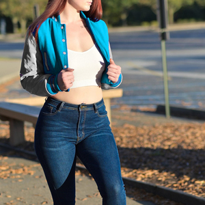 <b>Womens</b> Varsity Crop <b>Jacket</b> <b>Light</b> Blue Grey Letterman Style Bomber Coat Faux Leather Sleeves Casual Outerwear Ladies Fashion - Product Image 1