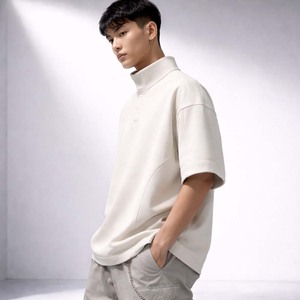เสื้อโปโลผู้ชายทรงโอเวอร์ไซส์ คอสูง แขนสั้น สไตล์ลำลอง สตรีทแวร์ ผ้าฝ้าย รับสกรีนโลโก้ - Product Image 3