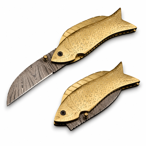 Handmade Damascus Steel Folding <b>Knife</b> with Engraved Brass <b>Fish</b> Handle Free Leather Sheath, Folding <b>Knife</b>, Pocket <b>Knife</b> - Product Image 1