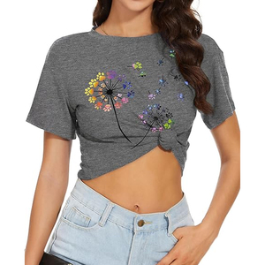 Women's Gray Crop <b>Top</b> Short Sleeve O-Neck Floral Print Casual T-Shirt Spring Summer Wear - Product Image 3