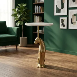 Mesa Auxiliar Redonda Moderna con Tapa de Mármol y Base Metálica Decorativa con Estampado de Leopardo, Mueble de Lujo para Decoración de Sala de Estar o Dormitorio - Product Image 1