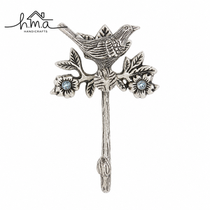 <b>Decorative</b> Brass Bird Branch Wall <b>Hook</b> Silver Finish Floral Design Heavy Duty <b>Coat</b> Hat Key Towel Robe Holder Home Decor - Product Image 1