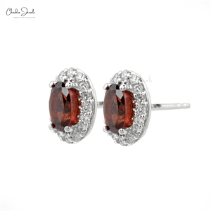 Envío Rápido, Pendientes de Oro Blanco Sólido de 14k con Granate, Corte Ovalado de 5x3mm, con Halo de Diamantes, Certificados por IGI, Joyería para Regalo - Product Image 3