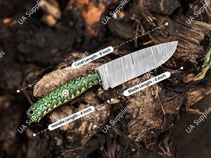 มีดทำมือคุณภาพสูง เหล็กดามัสกัส คมกริบ ใบมีดแบบดรอปพอยต์ 8 นิ้ว สำหรับกิจกรรมกลางแจ้ง ยุทธวิธี เอาตัวรอด ล่าสัตว์ ด้ามไม้ปักก้า - Product Image 4