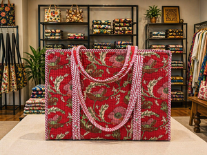 Bolsa de Mano de Moda para Mujer, de Tela de Algodón con Estampado Floral Rojo, Cierre de Cremallera, Asas a Rayas Vintage, Ligera, para Viajes y Compras - Product Image 2
