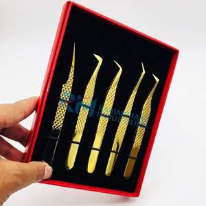 Stainless Steel Precision Eyelash Tweezers Set Gold Plasma Plated Tweezer Diamond Grip And Red/Black Color Card Box Packaging - Product Image 5