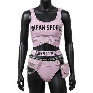 Conjunto de Bikini de Lujo para Mujer en Nylon Elástico GSM con Detalle de Correa de Malla Rosa Suave y Logotipo Estampado - Product Image 1