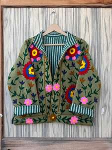 เสื้อแจ็คเก็ตบอมเบอร์ราชสถาน |   ผ้าฝ้ายปักลายซูซานีแบบดั้งเดิม เป็นมิตรกับสิ่งแวดล้อม ใช้ได้สองด้าน |   ชุดลำลองสำหรับรีสอร์ทสุดหรู |   ของขวัญวันเกิดสุดพิเศษ - Product Image 2