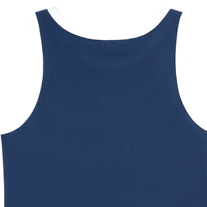 Camiseta sin mangas acanalada azul marino personalizada para mujer con ribete en contraste blanco, chaleco casual de verano sin mangas de algodón premium, venta al por mayor OEM ODM - Product Image 3