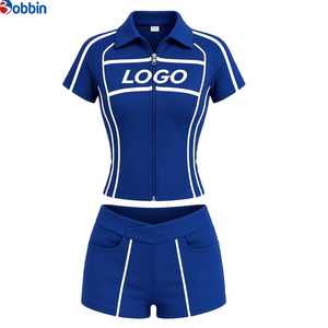 Vêtements pour femmes, ensemble sportif rose 2 pièces pour femmes, haut à manches courtes avec fermeture éclair, short taille haute, respirant, tricoté, pour l'entraînement, vêtements de printemps - Product Image 3
