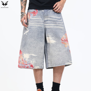 Wholesale Summer Casual Breathable Light Men's Graphic Print Distressed Denim <b>Jorts</b> Custom Ripped Loose Fit Streetwear <b>Baggy</b> - Product Image 2