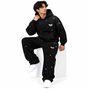 Men's Luxury Fleece Rhinestone <b>Hoodies</b> Jogger Set <b>Black</b> Oversized Streetwear Sparkly Tracksuit Custom OEM Private Label <b>Hoodies</b> - Product Image 3