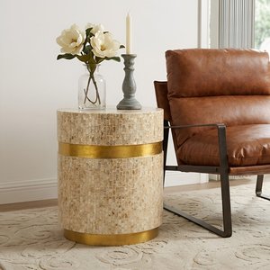 Round Mosaic Mother of Pearl Side Table With Gold Band Contemporary Bedside Decorative Wardrobes End Table For Living Room - Product Image 4
