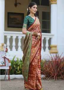 Sari de Seda Banarasi Indio Color Marrón para Mujer, Ideal para Bodas y Recepciones, Disponible a Precio de Mayoreo Directo - Product Image 4