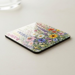 Modern Handmade Square Tableware <b>Coaster</b> Set Wildflower MDF with Natural <b>Cork</b> Backing 9cm Diameter From REHMAN CRAFT - Product Image 2