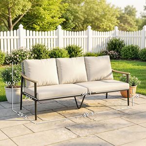 Khaki 3-Seater Outdoor Patio <b>Sofa</b> <b>Waterproof</b> Cushions Wicker Backrest with Wood Effect Armrests for Garden Yard - Product Image 3