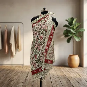 White Floral Hand Block Printed Cotton <b>Saree</b> with <b>Red</b> Border Green Leaf Motifs Traditional Ethnic Wear for Women Styling - Product Image 1