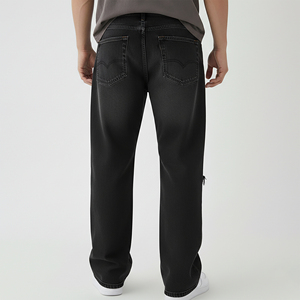 Pantalones vaqueros anchos negros vintage de alta calidad OEM/ODM para hombre, con logotipo bordado personalizado, rasgados, de tela gruesa. - Product Image 5