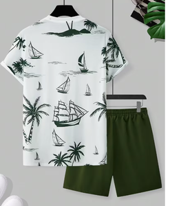 Ensemble t-shirt et short d'été pour hommes, motif imprimé palmier et voilier, tenue décontractée tricotée respirante, col rond, blanc et vert - Product Image 1
