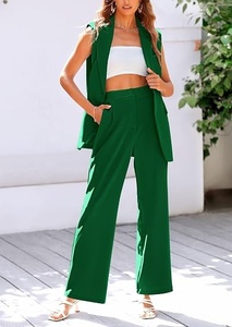 Women Sleeveless <b>Blazer</b> <b>Set</b> Solid Green Woven Fabric Notched Collar Two Piece Suit Formal All Seasons Regular Fit - Product Image 6