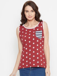 Débardeur sans manches pour femme, imprimé étoiles, avec poche drapeau, col rond, tricoté, décontracté - Product Image 5