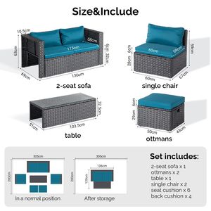 Juego de Muebles de Jardín de 2 Piezas con Cojines Negros de Ratán PEACOCK GREEN, 2 Reposapiés, 1 Sofá Doble y 1 Mesa de Centro con Almacenamiento - Product Image 4