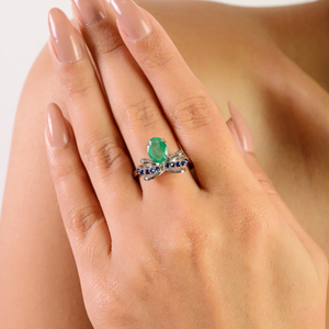 Elegant 925 Sterling <b>Silver</b> Oval Cut <b>Emerald</b> & Blue Sapphire Bow Motif Unique Design Handmade <b>Ring</b> for Women - Product Image 2