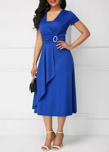 Nouvelle Robe de Soirée Formelle Mi-Longue pour Femme, Col en V Sexy, Taille Haute, Couleur Unie, Style Bohème à Ourlet Évasé - Product Image 3