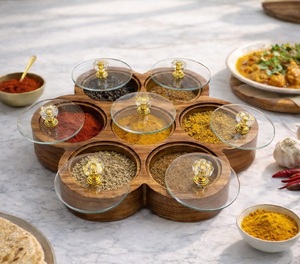 Wooden Handcrafted Spice <b>Box</b> <b>Masala</b> Dabba Acrylic Lid with 7 Round Compartments & Spoon Acacia Wood Spice <b>Box</b> Set - Product Image 1