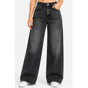 Jean cargo en denim stretch taille haute à jambe large pour femme, noir délavé, respirant, taille XL - Product Image 1