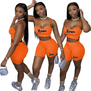 Custom Logo Women Sport Bra Biker <b>Shorts</b> Matching 2 Piece Set Solid Color Breathable Knitted Skinny Activewear Spring Summer - Product Image 4