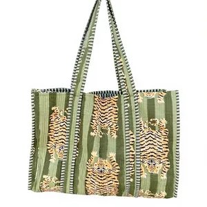 Green <b>Tiger</b> <b>Print</b> Cotton Quilted Tote Bag Fashion Open <b>Top</b> Shopping Bag All Seasons Style - Product Image 1