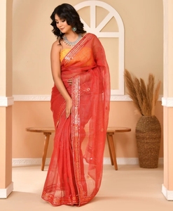 Sari d'automne réversible en coton mélangé imprimé Kota Doria pour femme KV, infroissable, avec chemisier non cousu (Orange) - Product Image 4