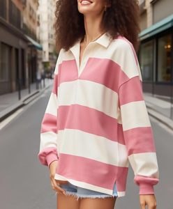 Chemise décontractée pour homme en tricot respirant à manches longues, rayée rose et blanche - Product Image 1