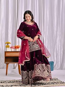 Premium Velvet Sharara Suit Set with Heavy Multi Needle Sequins Embroidery Designer Palazzo and Butterfly <b>Net</b> Dupatta - Product Image 2