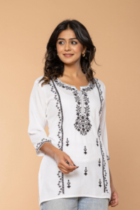 Twin Feet Women's White Embroidered Cotton <b>Top</b>/<b>Kurta</b> Regular Fit Regular Length Casual Wear India Pakistan Style Quick Dry All - Product Image 4